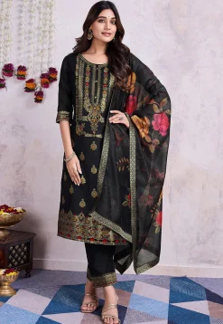Woven Viscose Silk Pakistani Suit in Black