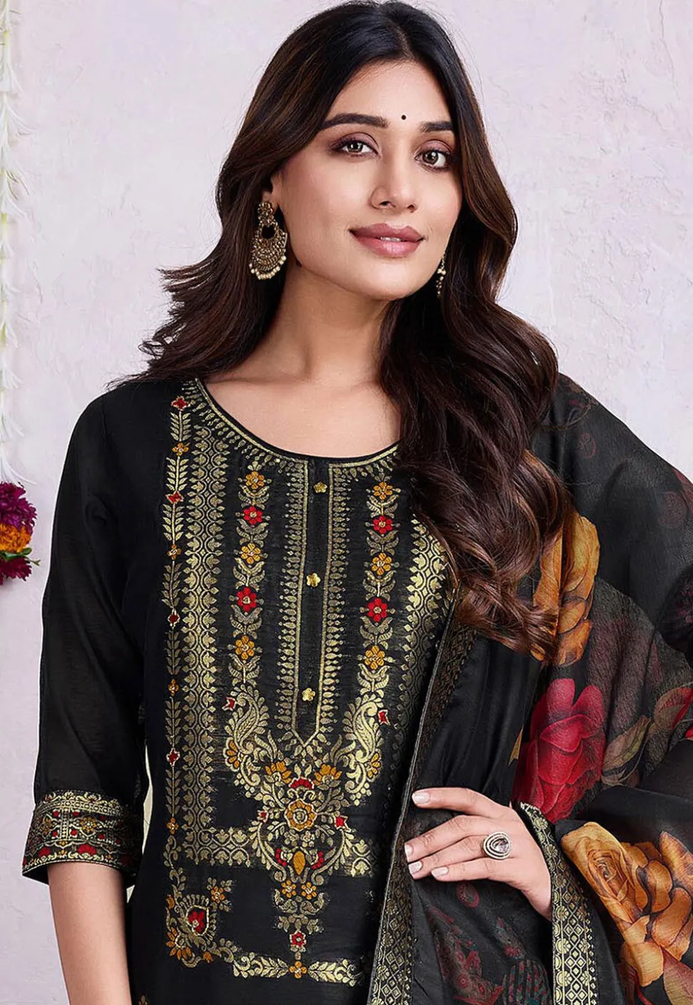 Woven Viscose Silk Pakistani Suit in Black