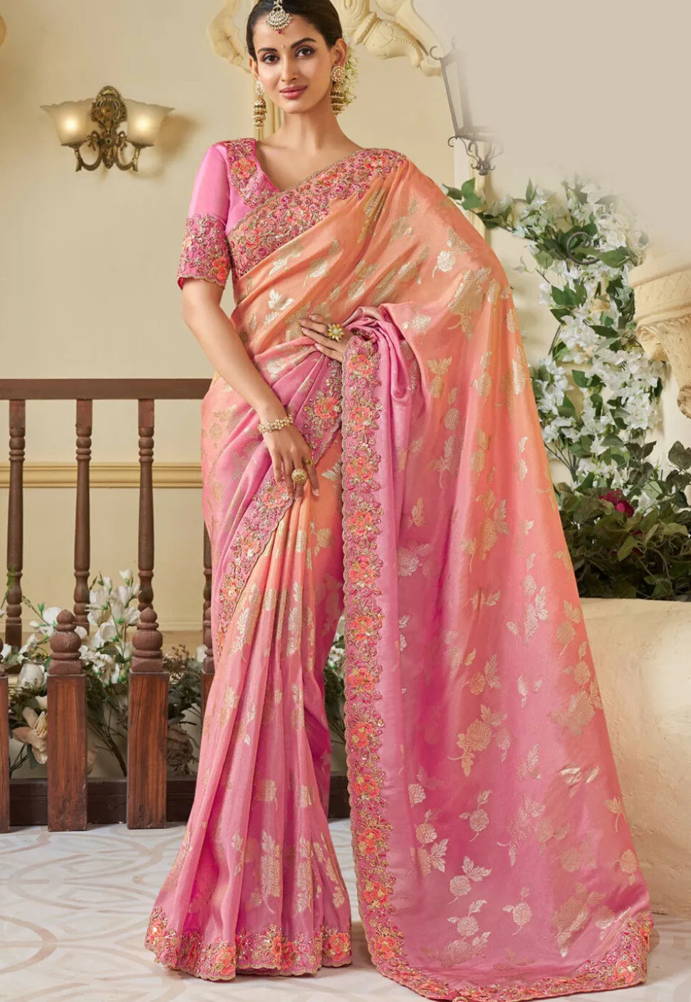 Woven Viscose Tissue Jacquard Scalloped Saree in Shaded Peach and Pink