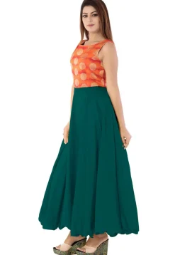 Woven Yoke Art Silk Circular Gown in Dark Teal Green