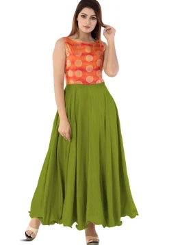 Woven Yoke Art Silk Circular Gown in Green