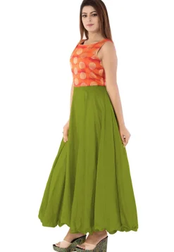 Woven Yoke Art Silk Circular Gown in Green