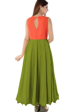 Woven Yoke Art Silk Circular Gown in Green