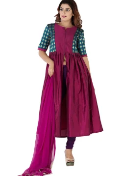 Woven Yoke Cotton Silk Front Slit A Line Suit in Magenta