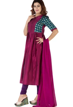 Woven Yoke Cotton Silk Front Slit A Line Suit in Magenta