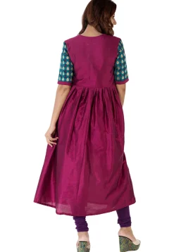 Woven Yoke Cotton Silk Front Slit A Line Suit in Magenta