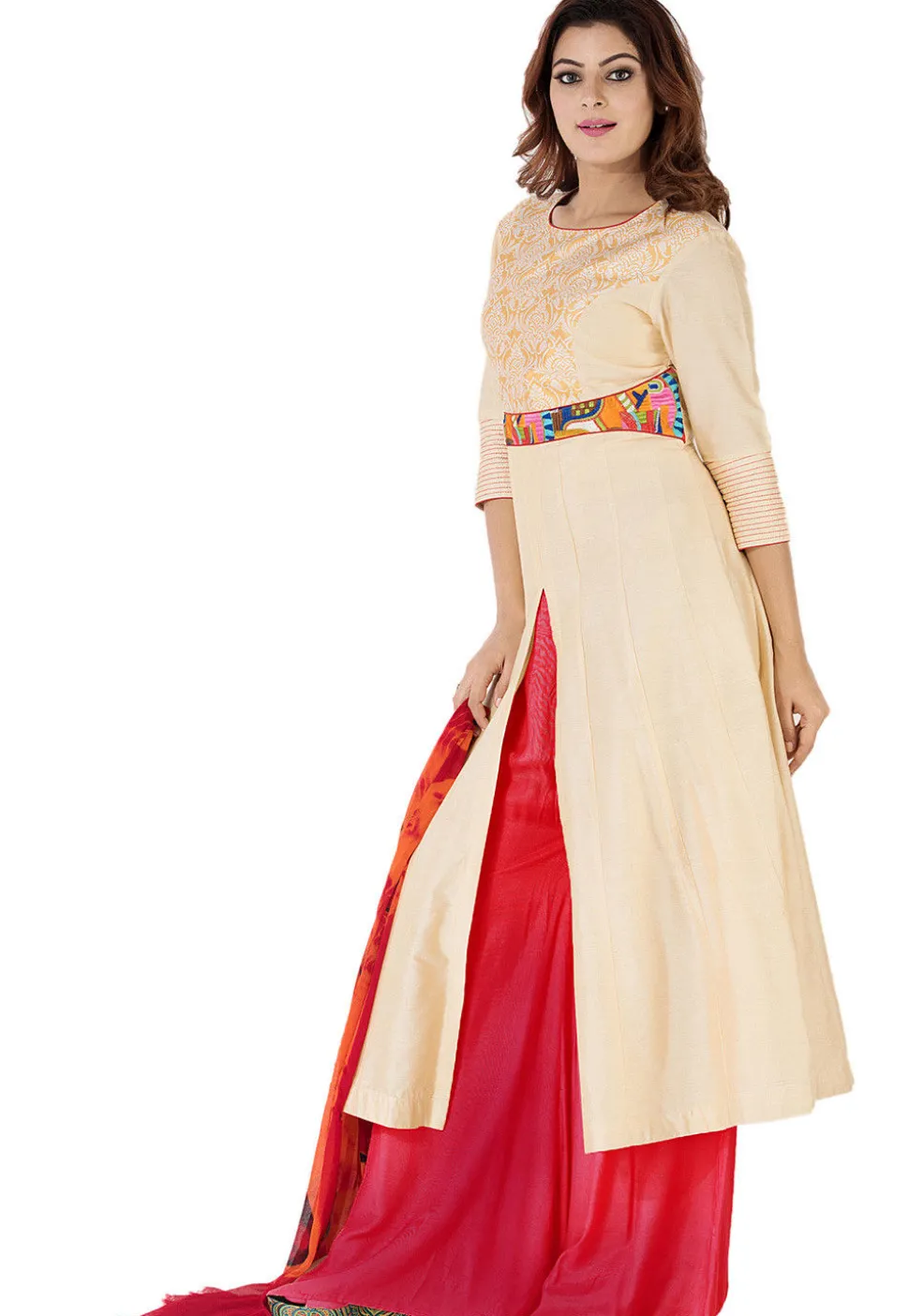 Woven Yoke Cotton Silk Front Slit A Line Suit in Beige