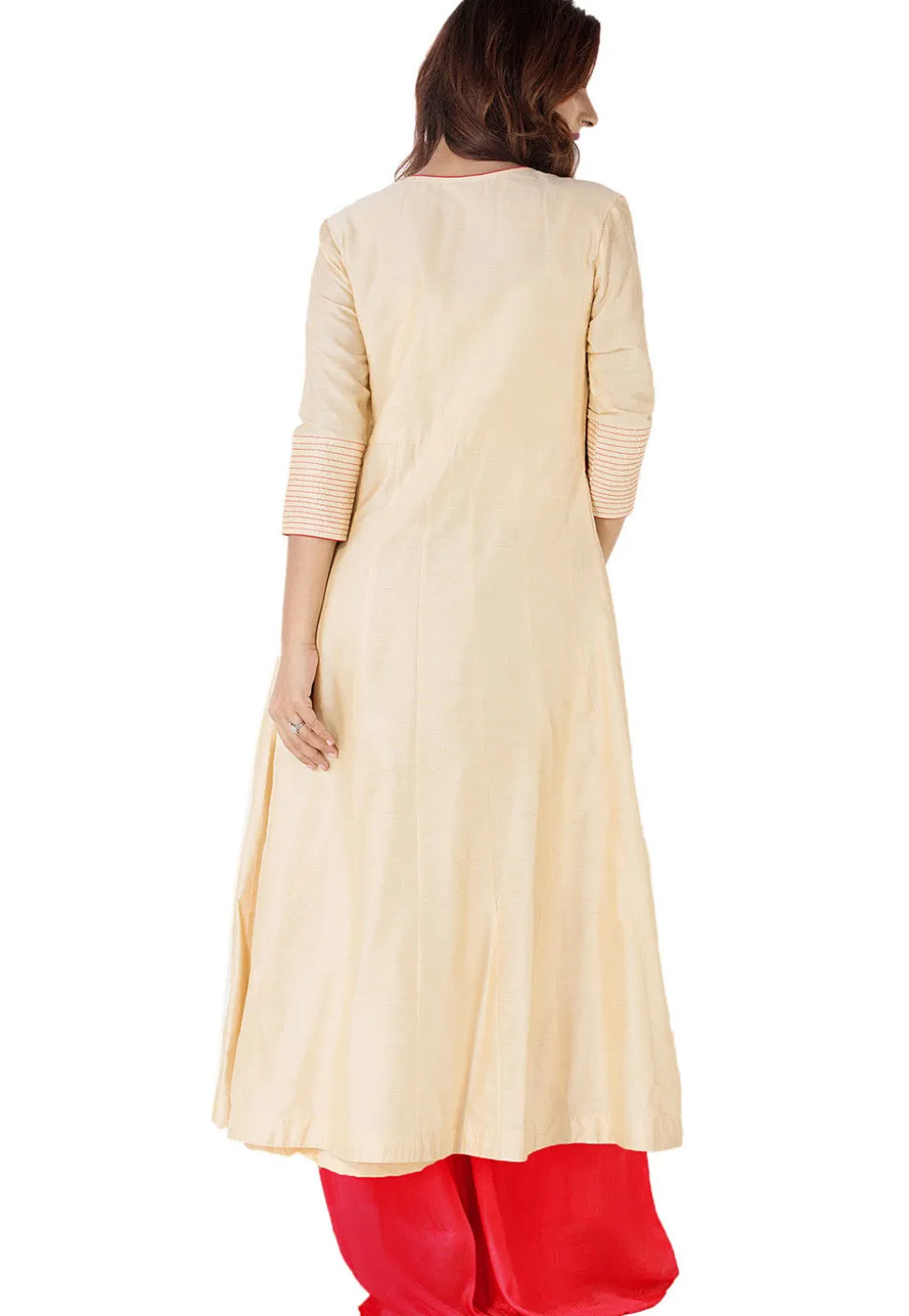 Woven Yoke Cotton Silk Front Slit A Line Suit in Beige