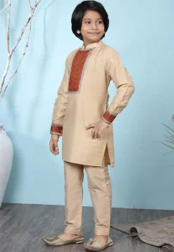 Woven Yoke Cotton Silk Kurta Set in Beige