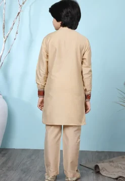 Woven Yoke Cotton Silk Kurta Set in Beige