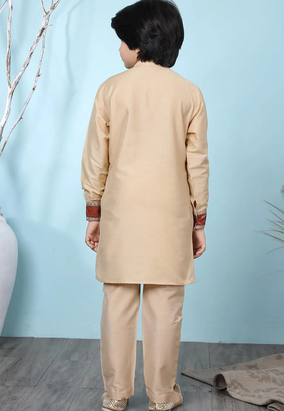 Woven Yoke Cotton Silk Kurta Set in Beige