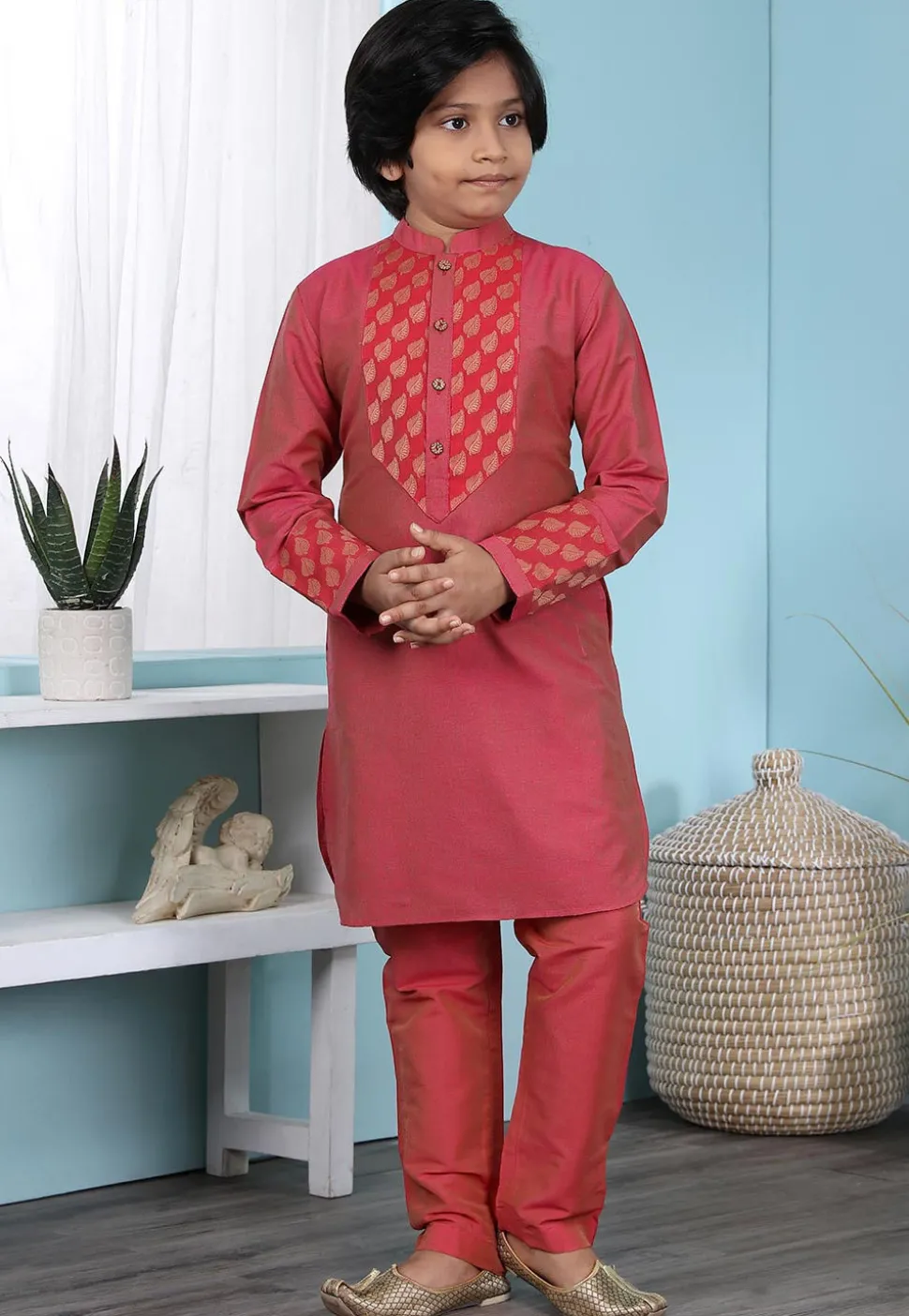 Woven Yoke Cotton Silk Kurta Set in Coral Pink