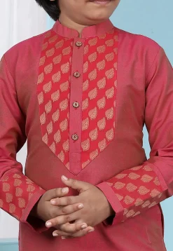 Woven Yoke Cotton Silk Kurta Set in Coral Pink