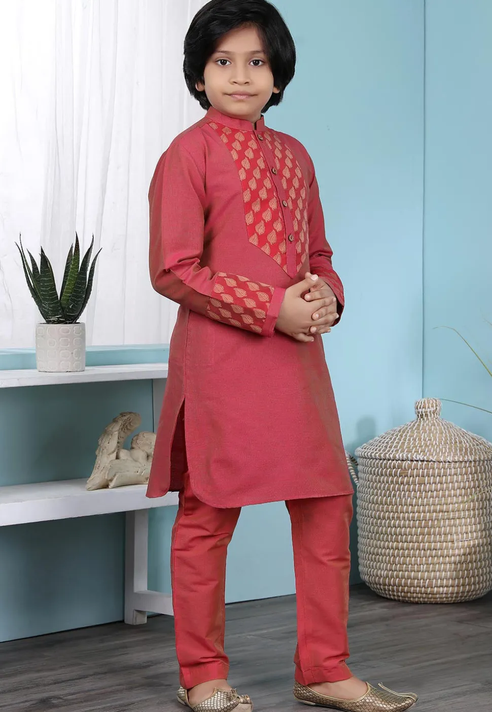 Woven Yoke Cotton Silk Kurta Set in Coral Pink