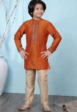Woven Yoke Cotton Silk Kurta Set in Rust