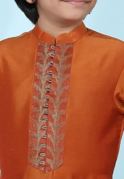 Woven Yoke Cotton Silk Kurta Set in Rust