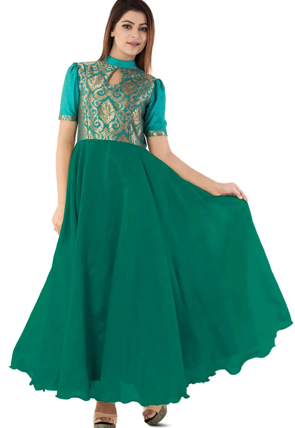 Woven Yoke Dupion Silk Circular Gown in Dark Green and Teal Blue