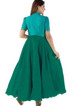 Woven Yoke Dupion Silk Circular Gown in Dark Green and Teal Blue