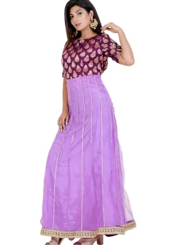 Woven Yoke Net Abaya Style Suit in Purple