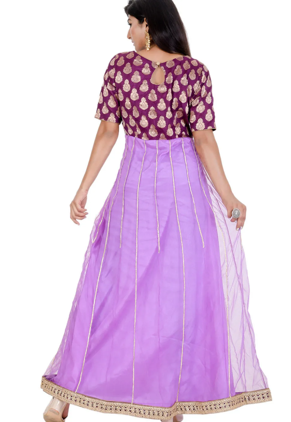 Woven Yoke Net Abaya Style Suit in Purple
