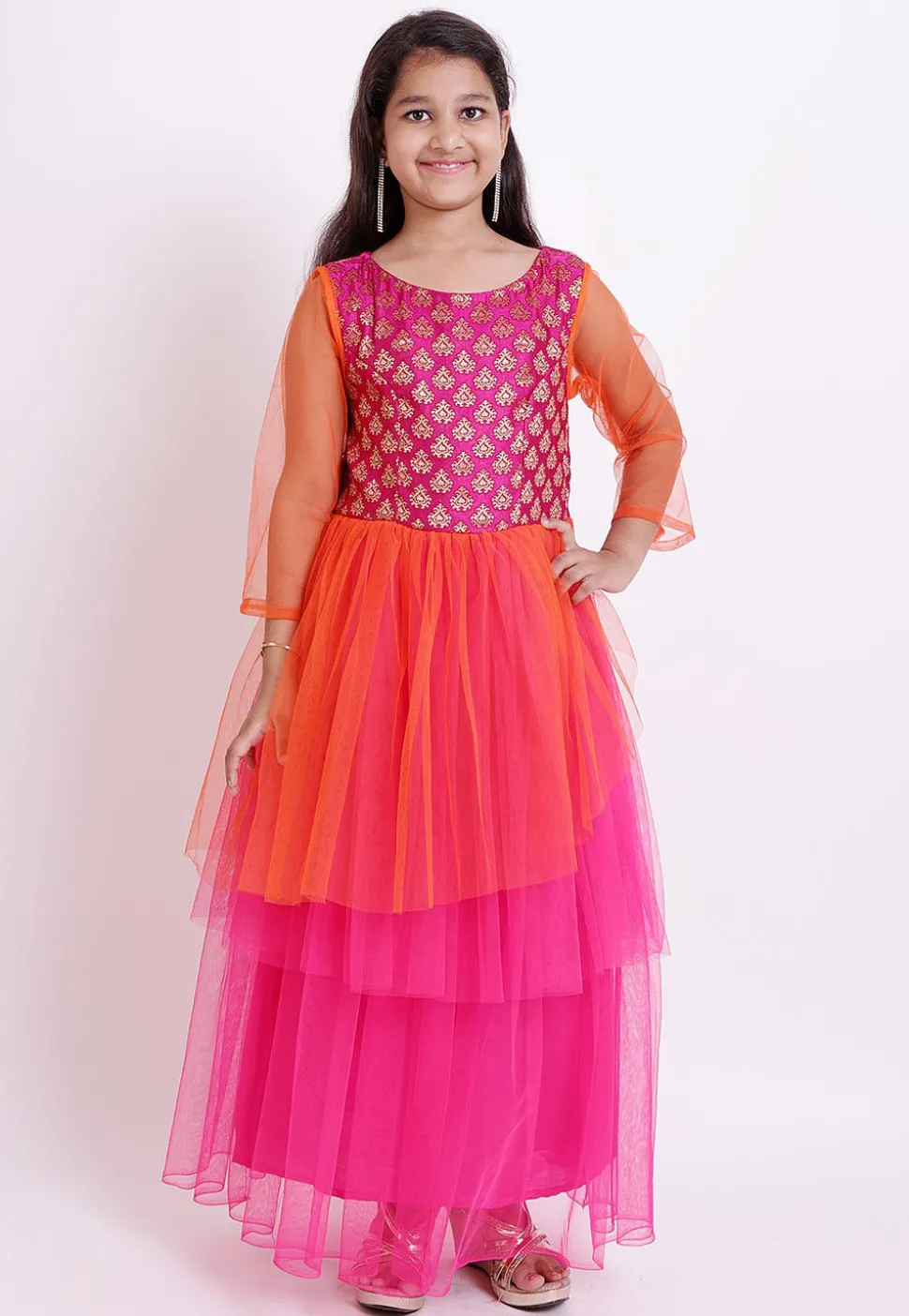 Woven Yoke Net Gown in Fuchsia and Orange