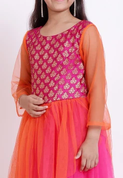 Woven Yoke Net Gown in Fuchsia and Orange