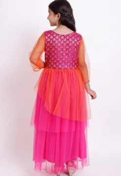 Woven Yoke Net Gown in Fuchsia and Orange