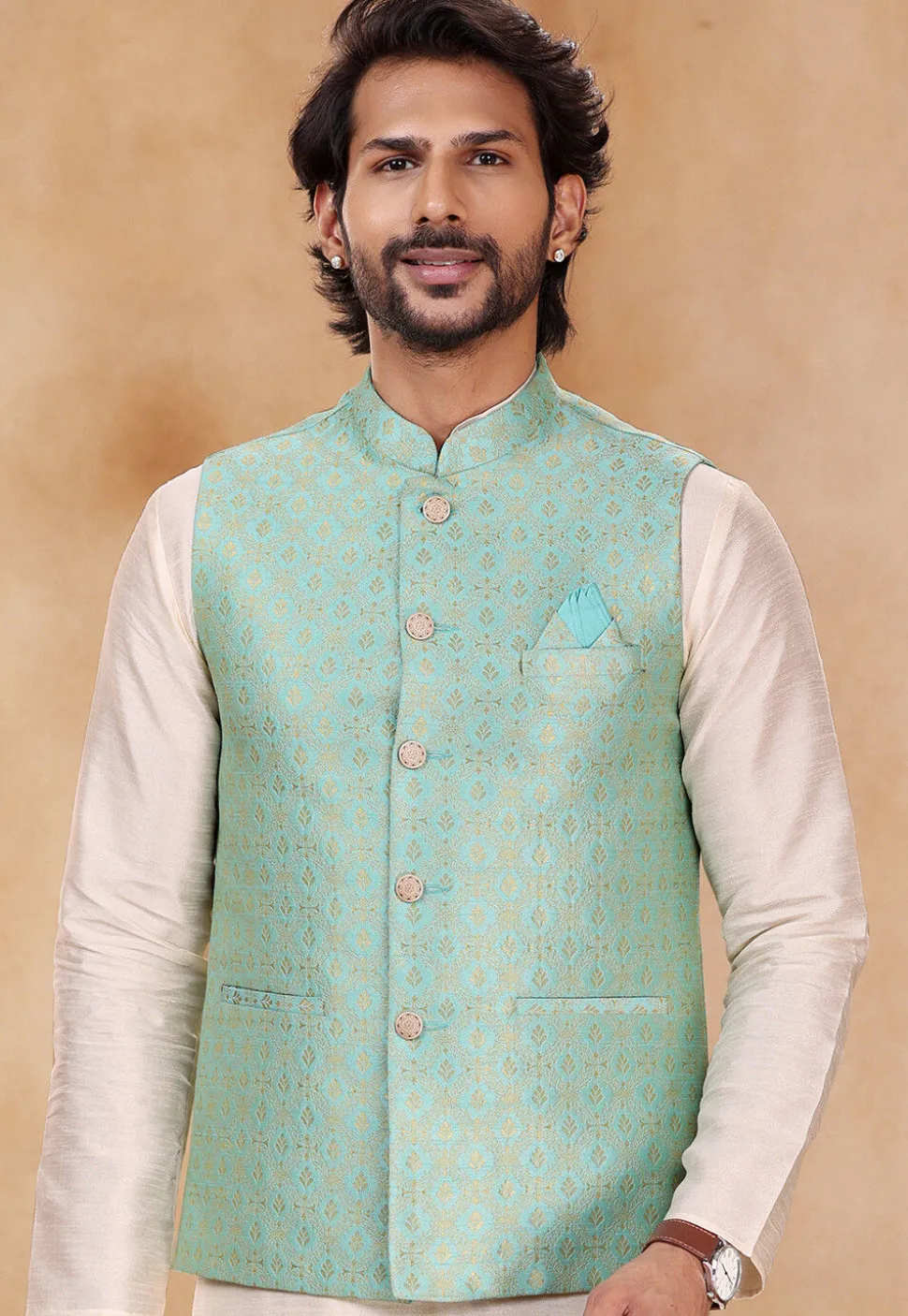 WoWoven Art Silk Jacquard Nehru Jacket in Turquoise