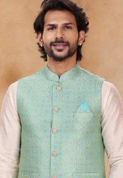WoWoven Art Silk Jacquard Nehru Jacket in Turquoise