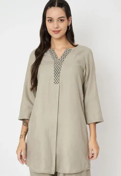 Zig Zag Printed Cotton Tunic in Light Grey