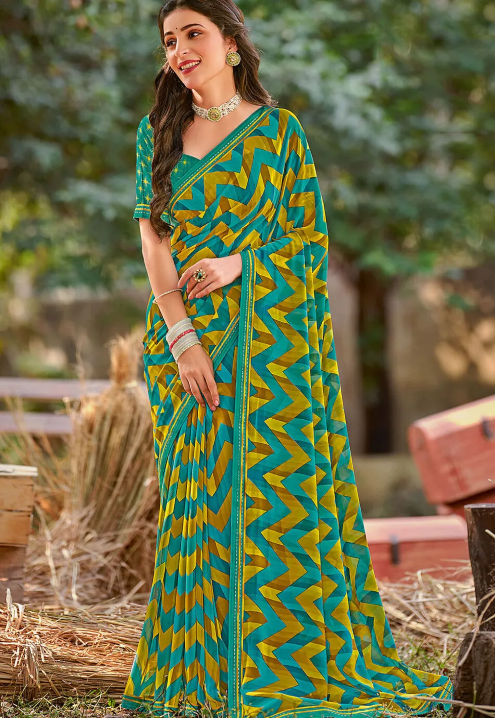 Zig Zag Printed Georgette Saree in Teal Green and Yellow