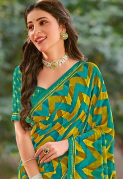 Zig Zag Printed Georgette Saree in Teal Green and Yellow