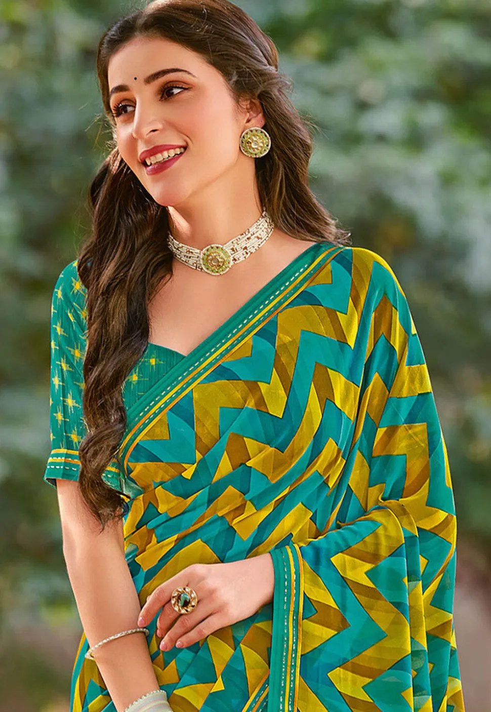 Zig Zag Printed Georgette Saree in Teal Green and Yellow